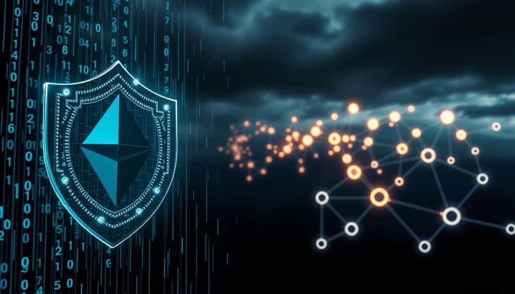 A conceptual visualization of "data availability risk" in a blockchain context. In the foreground, a digital shield symbolizing security, with binary code cascading down like rain. In the middle ground, an abstract representation of a fragmented blockchain, with glowing nodes and links that appear unstable, signifying the potential breakdown of data integrity. In the background, a dark, cloudy sky evoking a sense of uncertainty and risk. The lighting is dramatic, with bright highlights on the shield and nodes, contrasting with shadowy areas to enhance the theme of vulnerability. The overall mood is tense and foreboding, illustrating the critical nature of data availability in Ethereum's scalability framework.