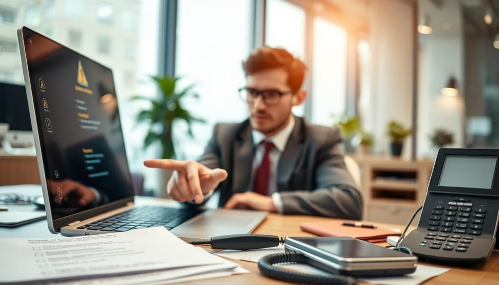 A concerned individual in a professional business outfit sits at a modern desk, looking at a laptop screen with a worried expression, surrounded by digital devices and security symbols. The foreground features a close-up of their hands on the keyboard, with one hand pointing to warning signs displayed on the screen. In the middle, a soft focus reveals a cluttered desk with papers about safety measures, such as a notepad with bulleted lists, and a phone displaying a helpline. The background is a subtle blur of a contemporary office setting, with warm, natural lighting that conveys urgency yet hope. The overall atmosphere is tense but focused, capturing the gravity of responding to a scam while emphasizing preparedness and action.