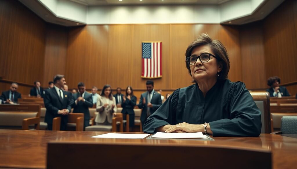 A courtroom scene depicting Judge Analisa Torres presiding over the Ripple SEC lawsuit. The judge, a middle-aged Hispanic woman with glasses and an authoritative demeanor, is seated at a large, imposing wooden bench, front and center. She wears a black robe and looks intently at the proceedings, her expression serious and focused. The foreground features a polished wooden table with legal documents and pens, suggesting a pivotal moment. In the middle ground, a diverse group of attorneys in professional business attire are engaged in discussion, one gesturing passionately. The background reveals the courtroom filled with rows of benches and a large American flag hanging on the wall. The mood is tense yet professional, illuminated by the bright overhead lights that enhance the dramatic atmosphere. The image is captured from a low angle, emphasizing the judge's authority.