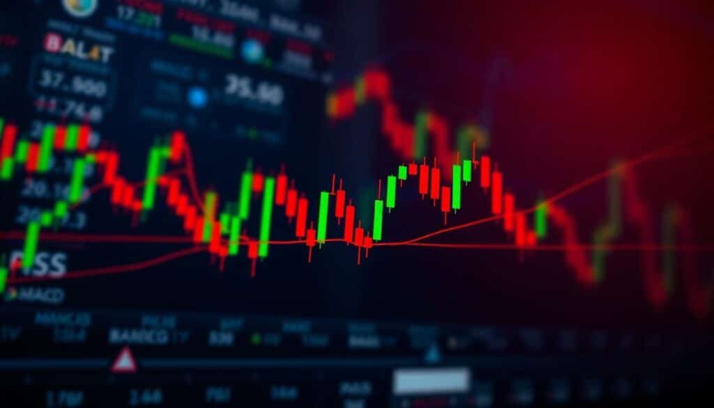 A detailed Bollinger Bands chart for cryptocurrency trading, prominently displayed in the foreground, showcasing the price action of a popular cryptocurrency with two outer bands and a middle moving average. The chart is intricately designed with vibrant colors—green and red candles representing price movements, against a dark background for contrast. In the middle ground, various indicators like MACD and RSI subtly fade into view. The background features a stylized, blurred digital trading platform atmosphere, evoking a sense of modernity and technology. Soft, focused lighting highlights the chart, creating a professional and analytical mood. The perspective is slightly angled to emphasize depth, visually inviting the viewer into the complexities of crypto trading.