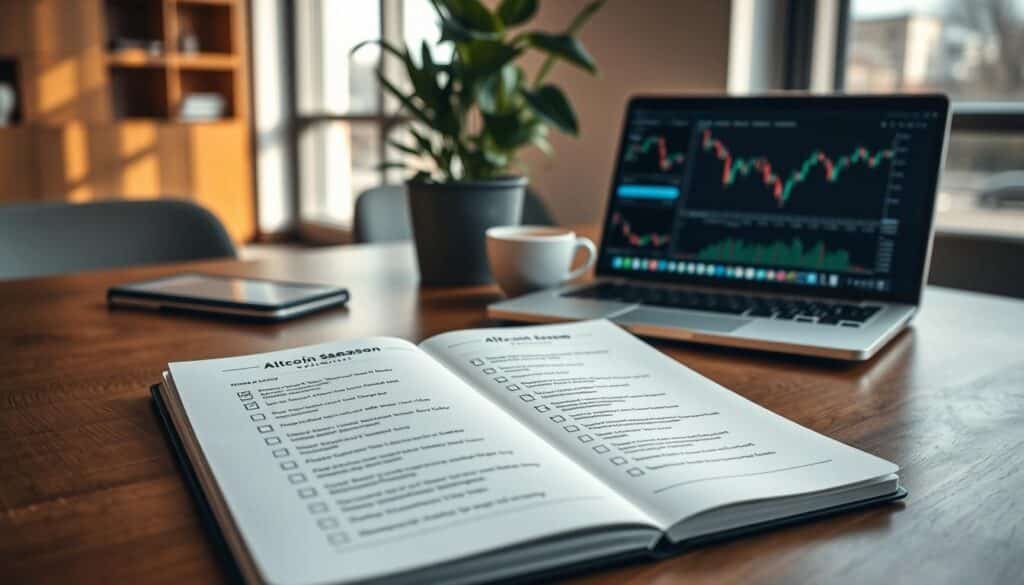 A detailed "altcoin season checklist" laid out on a wooden table in a modern office environment. In the foreground, focus on a stylish, open notebook filled with neatly organized bullet points and checkboxes related to identifying altcoin season indicators. Next to the notebook, place a sleek laptop displaying cryptocurrency charts and graphs. The middle ground should feature a potted plant and a cup of coffee to create a cozy atmosphere. In the background, soft natural light filters through a large window, casting gentle shadows and enhancing the professional setting. The overall mood should be focused, insightful, and conducive to strategic planning, inviting viewers to engage with the content in a thoughtful manner. A detailed "altcoin season checklist" laid out on a wooden table in a modern office environment. In the foreground, focus on a stylish, open notebook filled with neatly organized bullet points and checkboxes related to identifying altcoin season indicators. Next to the notebook, place a sleek laptop displaying cryptocurrency charts and graphs. The middle ground should feature a potted plant and a cup of coffee to create a cozy atmosphere. In the background, soft natural light filters through a large window, casting gentle shadows and enhancing the professional setting. The overall mood should be focused, insightful, and conducive to strategic planning, inviting viewers to engage with the content in a thoughtful manner.