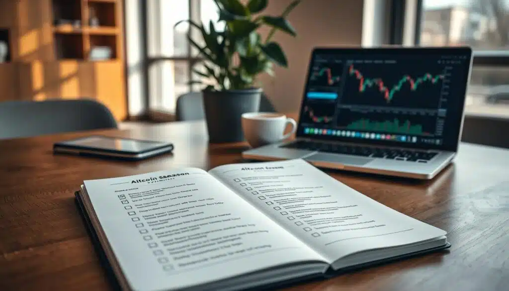 A detailed "altcoin season checklist" laid out on a wooden table in a modern office environment. In the foreground, focus on a stylish, open notebook filled with neatly organized bullet points and checkboxes related to identifying altcoin season indicators. Next to the notebook, place a sleek laptop displaying cryptocurrency charts and graphs. The middle ground should feature a potted plant and a cup of coffee to create a cozy atmosphere. In the background, soft natural light filters through a large window, casting gentle shadows and enhancing the professional setting. The overall mood should be focused, insightful, and conducive to strategic planning, inviting viewers to engage with the content in a thoughtful manner.