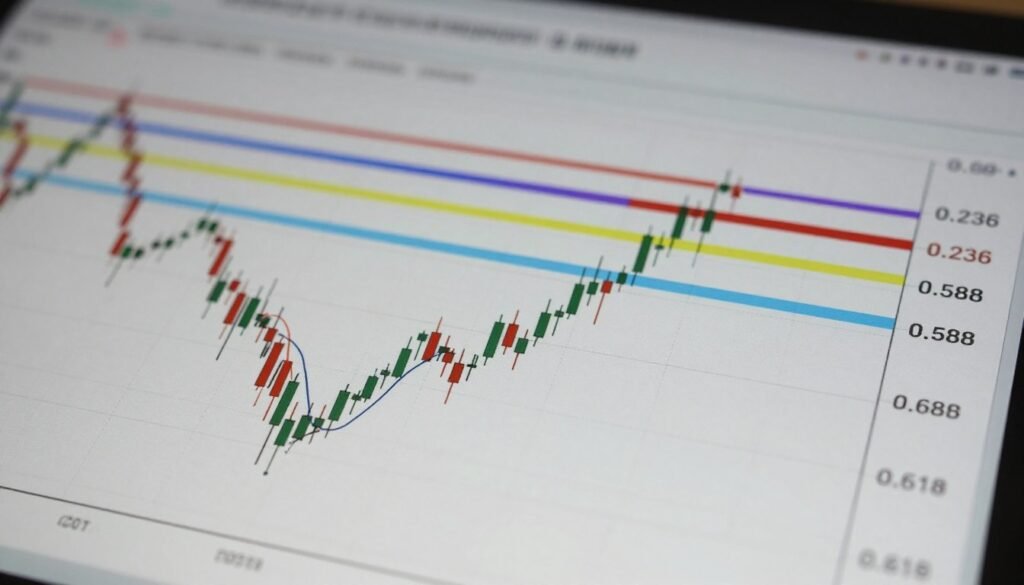 A detailed and clear representation of a crypto chart showcasing Fibonacci retracement levels. In the foreground, focus on a candlestick chart with distinct bars illustrating price movements. The middle layer should feature colorful horizontal lines marking the Fibonacci levels (0.236, 0.382, 0.618, etc.), each line prominently colored for clarity and contrast against the chart. The background should be a subtle grid pattern, emphasizing the analytical aspect of charting. Use soft, diffused lighting to create a professional atmosphere, and angle the chart slightly from the left for a dynamic perspective. The overall mood should convey precision and analysis, ideal for a financial context, without any text or extraneous elements.