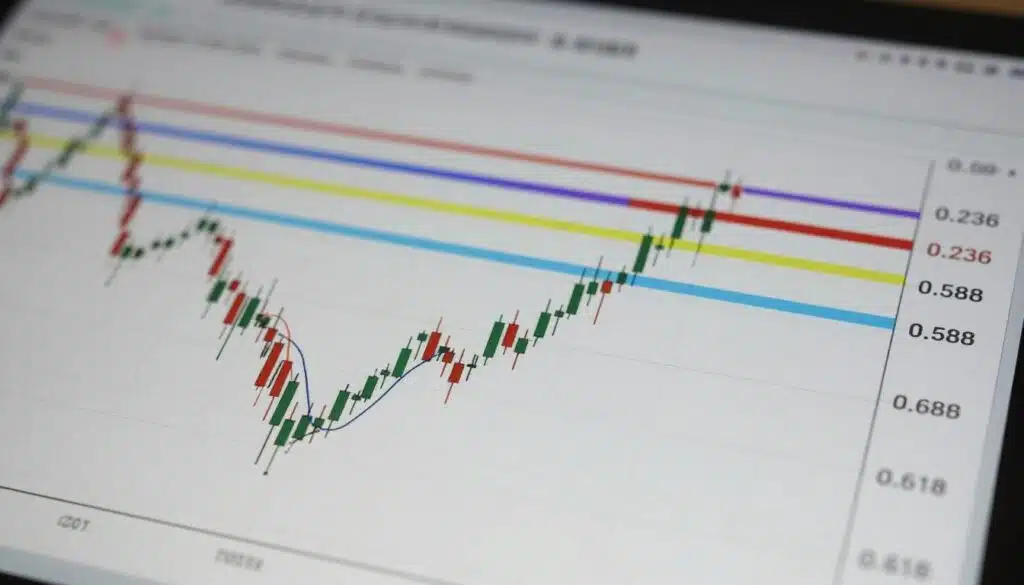 A detailed and clear representation of a crypto chart showcasing Fibonacci retracement levels. In the foreground, focus on a candlestick chart with distinct bars illustrating price movements. The middle layer should feature colorful horizontal lines marking the Fibonacci levels (0.236, 0.382, 0.618, etc.), each line prominently colored for clarity and contrast against the chart. The background should be a subtle grid pattern, emphasizing the analytical aspect of charting. Use soft, diffused lighting to create a professional atmosphere, and angle the chart slightly from the left for a dynamic perspective. The overall mood should convey precision and analysis, ideal for a financial context, without any text or extraneous elements.