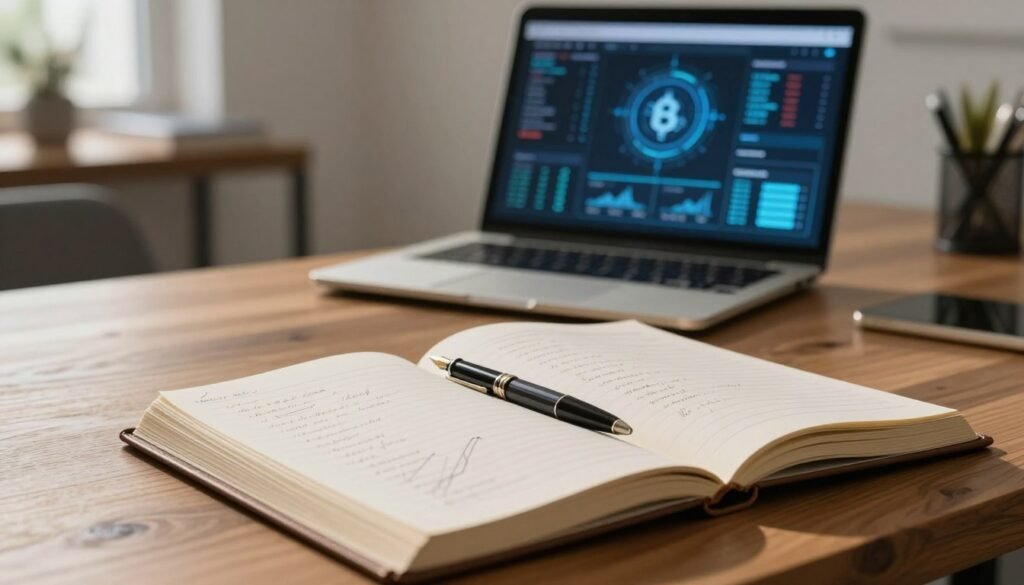 A detailed and elegant ledger book resting on a modern wooden desk, open to reveal neatly organized pages with intricate penmanship and graphs. In the foreground, a classic fountain pen is poised beside the book, casting a soft shadow on the pages. In the middle ground, a glowing laptop screen displays complex blockchain data visualizations, symbolizing the technology's connection to traditional record-keeping. The background is softly blurred, showcasing a minimalist office space with warm, ambient lighting that creates an inviting atmosphere of innovation and professionalism. The overall mood is one of clarity and sophistication, reflecting the balance between traditional accounting and futuristic blockchain solutions.