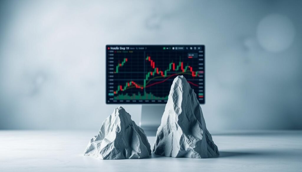 A detailed and informative financial chart showcasing a "double top" pattern. In the foreground, emphasize two prominent peaks that symbolize the double top formation, marked distinctly with red lines for clarity. The middle section features a sleek, modern trading interface displaying accompanying candlestick charts and indicators, offering a closer look at trading volumes and market movements. The background should be abstract with subtle gradients in blues and greys to suggest a digital financial environment, reinforcing the theme of cryptocurrency trading. Soft, focused lighting highlights the peaks while casting gentle shadows, creating depth. The overall mood is analytical and professional, reflecting a blend of clarity and sophistication, suitable for traders seeking to enhance their strategies. No text or watermarks should be present. A detailed and informative financial chart showcasing a "double top" pattern. In the foreground, emphasize two prominent peaks that symbolize the double top formation, marked distinctly with red lines for clarity. The middle section features a sleek, modern trading interface displaying accompanying candlestick charts and indicators, offering a closer look at trading volumes and market movements. The background should be abstract with subtle gradients in blues and greys to suggest a digital financial environment, reinforcing the theme of cryptocurrency trading. Soft, focused lighting highlights the peaks while casting gentle shadows, creating depth. The overall mood is analytical and professional, reflecting a blend of clarity and sophistication, suitable for traders seeking to enhance their strategies. No text or watermarks should be present.