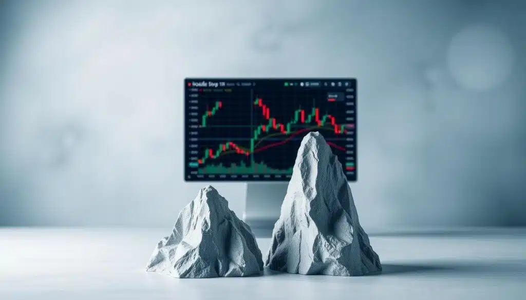 A detailed and informative financial chart showcasing a "double top" pattern. In the foreground, emphasize two prominent peaks that symbolize the double top formation, marked distinctly with red lines for clarity. The middle section features a sleek, modern trading interface displaying accompanying candlestick charts and indicators, offering a closer look at trading volumes and market movements. The background should be abstract with subtle gradients in blues and greys to suggest a digital financial environment, reinforcing the theme of cryptocurrency trading. Soft, focused lighting highlights the peaks while casting gentle shadows, creating depth. The overall mood is analytical and professional, reflecting a blend of clarity and sophistication, suitable for traders seeking to enhance their strategies. No text or watermarks should be present.