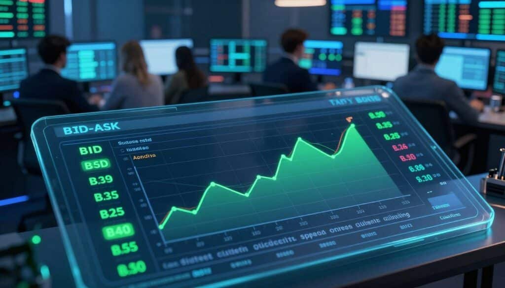 A detailed and informative illustration of the bid-ask spread in a cryptocurrency order book, capturing the essence of liquidity. In the foreground, display a transparent digital order book interface showing highlighted bid and ask prices, with visual indicators representing trade volume. The middle ground features abstract graphs and charts illustrating liquidity trends and depth, with smooth curves and color gradients to signify changes. In the background, have a stylized representation of a bustling trading floor with professional individuals in business attire observing screens displaying real-time data. Illuminate the scene with a cool blue and green glow to evoke a tech-forward atmosphere, ensuring a modern and clean aesthetic. The angle should be slightly elevated, allowing for a clear view of the digital elements in focus.