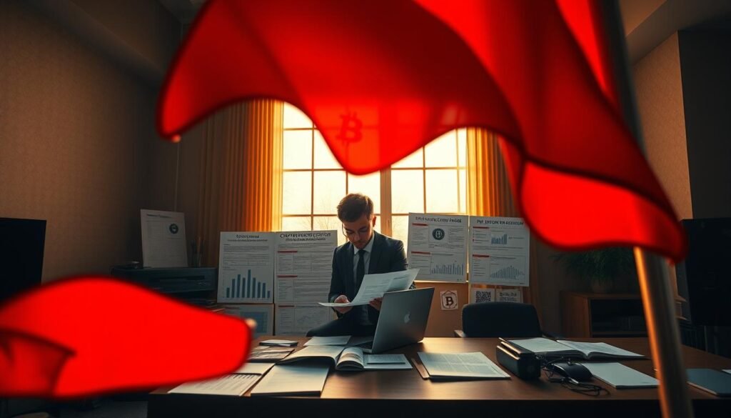 A detailed and informative scene depicting "red flags" associated with crypto sanctions evasion. In the foreground, a large red flag billows dramatically, symbolizing warnings, accompanied by various crypto symbols like Bitcoin and Ethereum subtly integrated into the fabric. In the middle, a professional in business attire analyzes data on a laptop, surrounded by documents outlining compliance regulations, security protocols, and blockchain graphics. In the background, a dimly lit office with a large window casts soft, warm light, suggesting urgency and caution. The atmosphere is tense yet focused, emphasizing the importance of recognizing these red flags in crypto compliance, with a lens effect that slightly blurs the edges for depth.