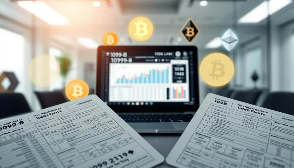 A detailed and organized representation of various 1099-B tax forms for cryptocurrency, prominently displayed in the foreground. The forms should feature intricate designs, the layout resembling documents filled with numbers, tables, and checkboxes, emphasizing their importance in tax reporting. The middle layer should depict a sleek laptop open with charts and graphs on its screen, symbolizing the digital aspect of trading. In the background, include abstract representations of different cryptocurrency icons like Bitcoin and Ethereum subtly blended into a blurred backdrop of a professional office setting. The lighting should be bright yet soft, emanating from an overhead source to create a clean and organized atmosphere, while the angle should capture the scene from a slight overhead perspective, adding depth and clarity to the arrangement. The overall mood should convey diligence and professionalism, evoking the seriousness of tax compliance in the crypto landscape. A detailed and organized representation of various 1099-B tax forms for cryptocurrency, prominently displayed in the foreground. The forms should feature intricate designs, the layout resembling documents filled with numbers, tables, and checkboxes, emphasizing their importance in tax reporting. The middle layer should depict a sleek laptop open with charts and graphs on its screen, symbolizing the digital aspect of trading. In the background, include abstract representations of different cryptocurrency icons like Bitcoin and Ethereum subtly blended into a blurred backdrop of a professional office setting. The lighting should be bright yet soft, emanating from an overhead source to create a clean and organized atmosphere, while the angle should capture the scene from a slight overhead perspective, adding depth and clarity to the arrangement. The overall mood should convey diligence and professionalism, evoking the seriousness of tax compliance in the crypto landscape.