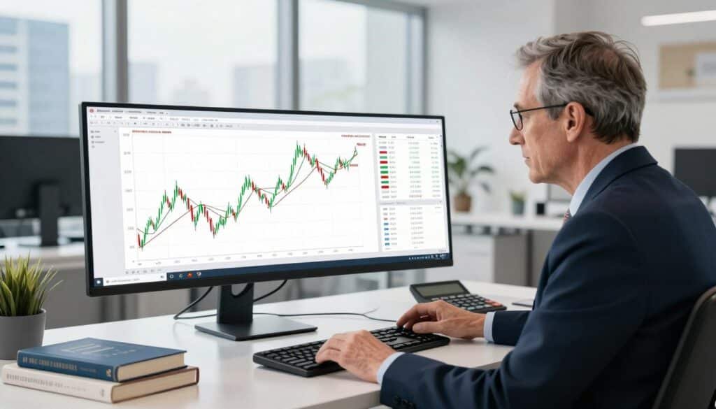 A detailed and professional illustration depicting Gerald Appel, the creator of the MACD indicator, in a modern office setting. In the foreground, Gerald is shown analyzing charts on a computer screen, wearing smart business attire. He is focused and engaged, with graphs illustrating MACD trends and indicators prominently displayed, showcasing a blend of green and red lines to represent bullish and bearish movements. In the middle ground, a sleek desk with technical analysis books, a calculator, and digital devices can be seen, enhancing the atmosphere of analytical professionalism. The background features a large window with cityscape views, allowing natural light to stream in, creating a bright and inspiring environment. The overall mood is one of concentration and expertise in technical analysis.