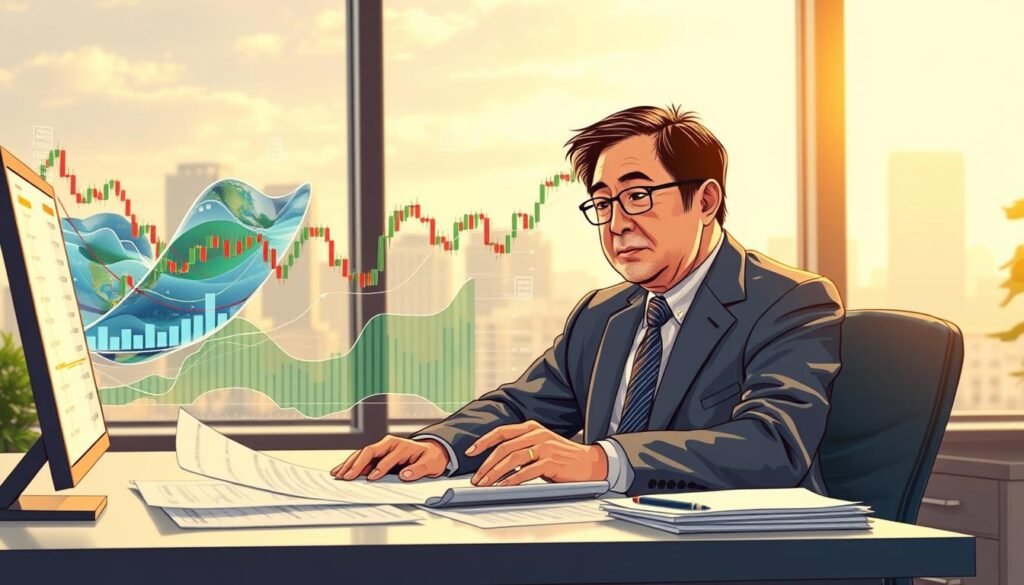 A detailed and vibrant illustration depicting Goichi Hosoda, a Japanese financial analyst, studying historical charts with a focus on the Ichimoku Cloud Indicator. In the foreground, Hosoda is portrayed as a middle-aged man in professional business attire, sitting at a sleek desk surrounded by financial reports and charts. In the middle ground, dynamic and colorful representations of the Ichimoku Cloud weave through data points and market trends, showcasing its intricate layers and components. The background features a softly lit modern office environment with large windows overlooking a skyline, creating a blend of warmth and professionalism. The mood evokes a sense of innovation and financial insight, with natural lighting highlighting the details of his work. Lens focus on the charts and indicators adds clarity to the illustration.