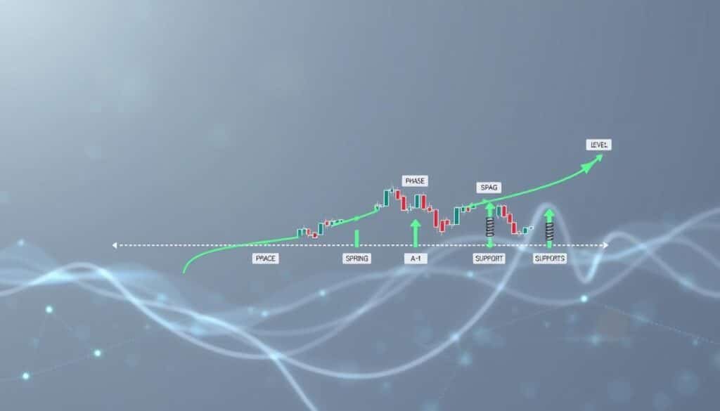 A detailed and vibrant visualization of the Wyckoff Accumulation phases A-E in the context of crypto trading. In the foreground, a stylized price chart intricately illustrates the accumulation pattern with clear labels for phases A through E, depicted in a clean, modern design. The middle ground features graphical elements representing support levels and springs, symbolized by upward movements, and subtle indicators of buying pressure, like green arrows. The background consists of a muted, abstract digital landscape, evoking a sense of a bustling trading environment with faint outlines of cryptocurrency icons. The lighting is bright yet soft, creating a professional atmosphere, with a focus on clarity and precision to engage viewers. The image should have a sleek, tech-savvy aesthetic that emphasizes the analytical nature of trading strategies, ensuring no text or overlays are present.