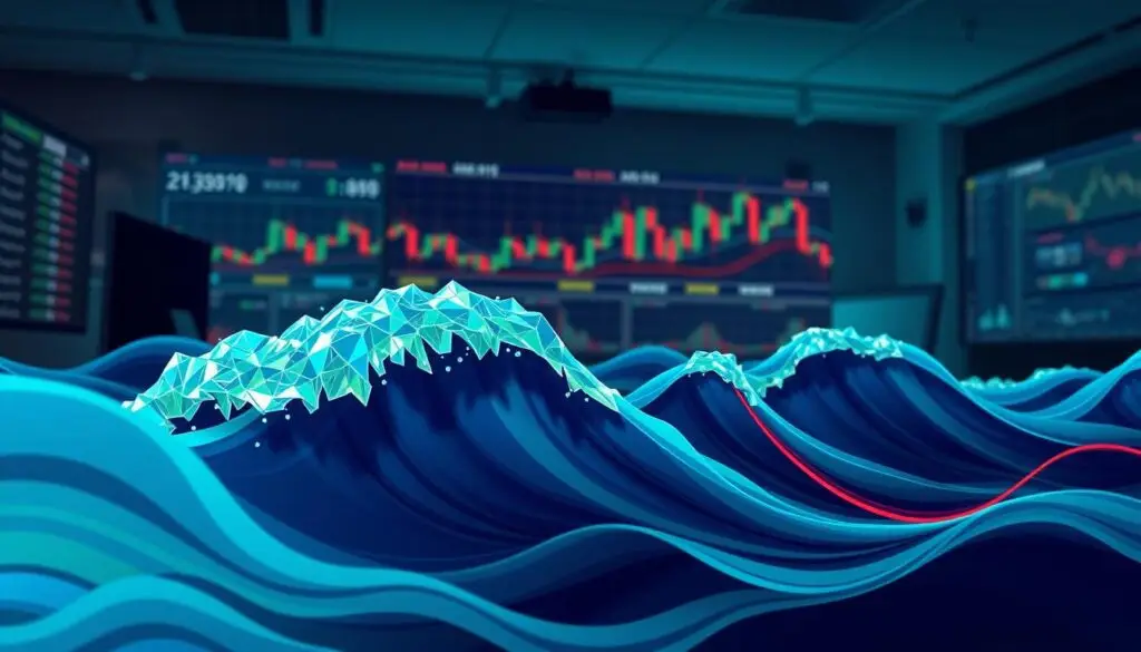 A detailed and visually engaging illustration of "corrective waves" in the context of Elliott Wave Theory, set within a financial trading environment. In the foreground, depict stylized wave patterns representing zigzags, flats, and triangles, using vivid colors like blue, green, and red to signify different wave types. The middle ground should feature abstract representations of combinations, with intricate lines and gradients illustrating wave interactions. In the background, create a dimly lit trading room atmosphere with faint outlines of screens displaying financial data and charts, enhancing the sense of depth. Use dramatic lighting to highlight the waves, casting gentle shadows and adding a sense of urgency. The overall mood should be analytical and focused, capturing the essence of strategy and market analysis in cryptocurrency trading. A detailed and visually engaging illustration of "corrective waves" in the context of Elliott Wave Theory, set within a financial trading environment. In the foreground, depict stylized wave patterns representing zigzags, flats, and triangles, using vivid colors like blue, green, and red to signify different wave types. The middle ground should feature abstract representations of combinations, with intricate lines and gradients illustrating wave interactions. In the background, create a dimly lit trading room atmosphere with faint outlines of screens displaying financial data and charts, enhancing the sense of depth. Use dramatic lighting to highlight the waves, casting gentle shadows and adding a sense of urgency. The overall mood should be analytical and focused, capturing the essence of strategy and market analysis in cryptocurrency trading.