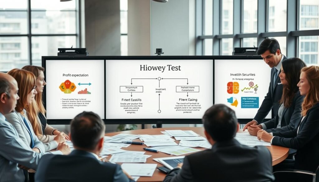 A detailed and visually engaging representation of the Howey Test in a professional context. In the foreground, a diverse group of business professionals, dressed in smart business attire, are engaged in a serious discussion around a large table covered with documents and charts related to investment securities. In the middle, a large screen displays a flowchart outlining the four criteria of the Howey Test, with graphics illustrating concepts like profit expectation and investment in a common enterprise. The background features a modern office environment with large windows letting in soft, natural light, creating a bright and focused atmosphere. The composition should evoke a sense of clarity and professionalism, emphasizing the importance of understanding securities laws. Capture the scene from a slightly tilted angle to add depth and interest.