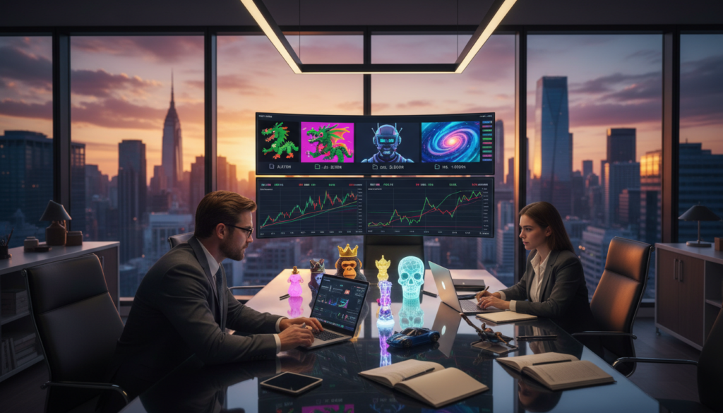 A detailed and visually engaging scene of an NFT bidding strategy, showcasing a diverse group of professional traders in a modern office environment. In the foreground, a focused trader with glasses examines digital screens filled with vibrant NFT artwork, with charts and statistics illustrating market trends. In the middle, a contemporary meeting table displays various NFT collectibles, glowing softly under spotlights, while another trader analyzes graphs on a laptop. The background features floor-to-ceiling windows with a city skyline, bathed in the warm glow of sunset. The atmosphere is filled with a sense of urgency and excitement, emphasizing a strategic, competitive vibe. Soft lighting enhances the professionalism of the scene, evoking a dynamic and innovative spirit within the growing NFT marketplace. A detailed and visually engaging scene of an NFT bidding strategy, showcasing a diverse group of professional traders in a modern office environment. In the foreground, a focused trader with glasses examines digital screens filled with vibrant NFT artwork, with charts and statistics illustrating market trends. In the middle, a contemporary meeting table displays various NFT collectibles, glowing softly under spotlights, while another trader analyzes graphs on a laptop. The background features floor-to-ceiling windows with a city skyline, bathed in the warm glow of sunset. The atmosphere is filled with a sense of urgency and excitement, emphasizing a strategic, competitive vibe. Soft lighting enhances the professionalism of the scene, evoking a dynamic and innovative spirit within the growing NFT marketplace.