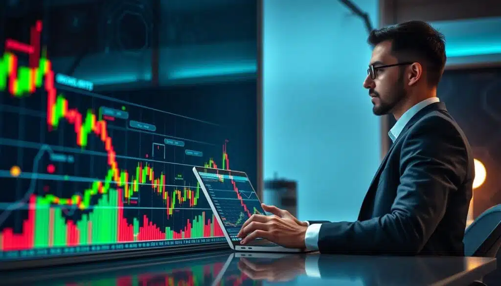 A detailed and visually striking cryptocurrency chart set against a sleek, modern digital workspace background. In the foreground, an advanced line graph showcases fluctuating price trends with vibrant colors—greens for upward movements and reds for downturns—while various candlestick patterns highlight key data points. In the middle ground, a professional-looking individual in business attire is focused on analyzing the chart, using a modern laptop with glowing screens filled with additional analytics. The background features subtle tech-themed decor, like circuit patterns and a soft ambient glow. The lighting is bright and focused, emphasizing the dynamic and analytical nature of cryptocurrency trading, creating an atmosphere of insight and excitement.