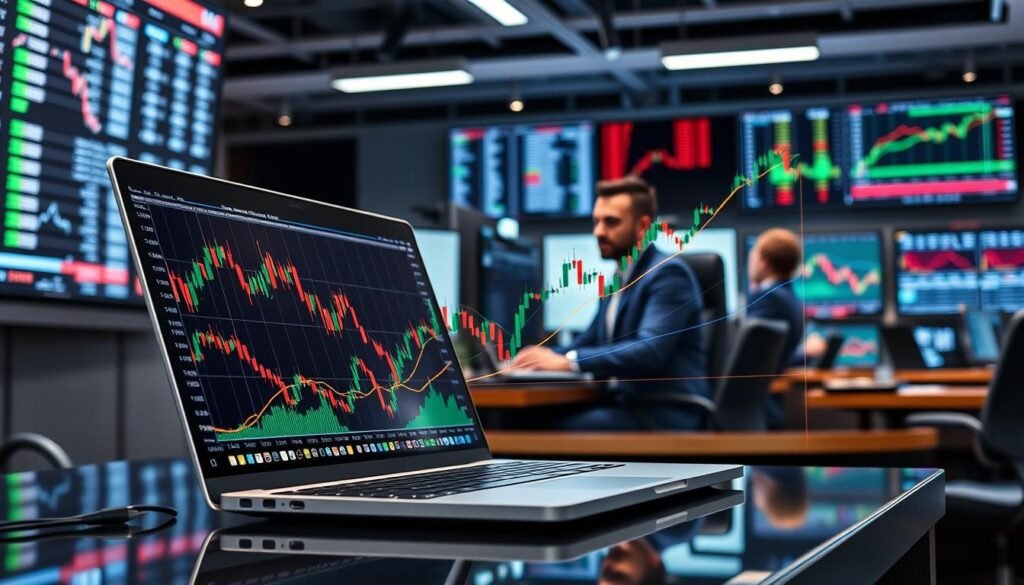 A detailed and visually striking representation of Fibonacci retracement in a financial market context. In the foreground, display a sleek, modern trading laptop with Fibonacci retracement levels plotted on a dynamic stock chart. The middle ground features stock market graphs and candlestick patterns alongside an overlay of Fibonacci lines, showcasing the various retracement levels. The background illustrates a bustling trading room with financial analysts in professional business attire closely examining market data on multiple screens. Use bright, analytical lighting to create a focused atmosphere, accentuating the intricacies of market analysis. The image should evoke a sense of strategic decision-making and trend analysis without text or any distractions.