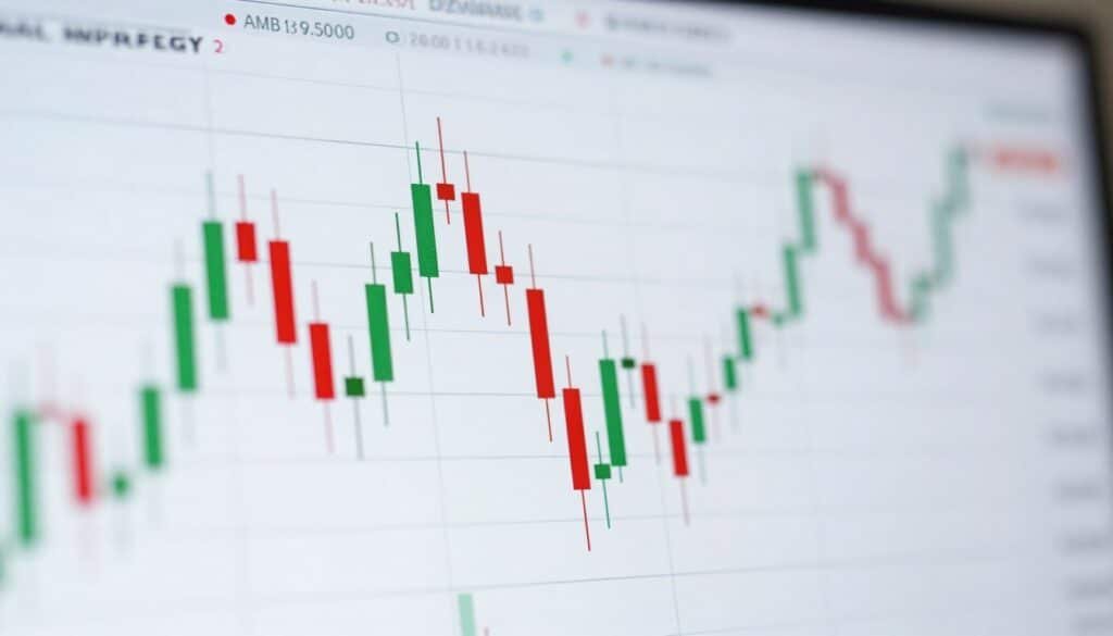 A detailed candlestick chart featuring vibrant red and green candles representing price movements, prominently displayed in the foreground with sharp lines and clear patterns. Each candlestick must show high and low prices with wicks extending above and below. In the middle ground, include subtle grid lines and axis labels, suggesting a financial trading context. The background should be softly blurred, hinting at a modern trading environment with abstract financial symbols and graphs, creating an atmosphere of activity and analysis. Use a well-balanced, bright lighting that highlights the chart’s details and enhances the colors of the candlesticks, creating a professional and educational mood. The overall focus should be on clarity and visual appeal, without any text or watermarks.