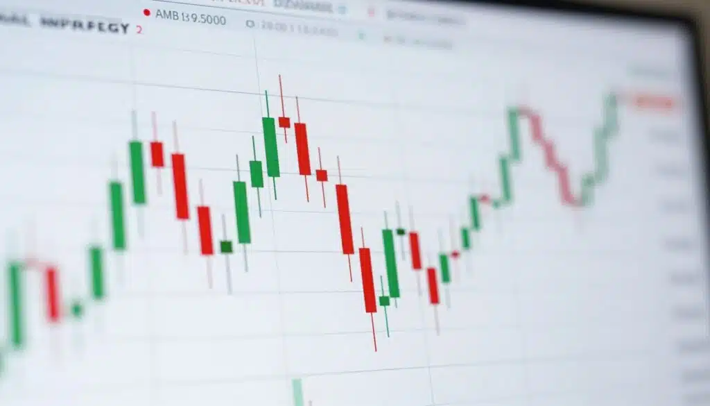 A detailed candlestick chart featuring vibrant red and green candles representing price movements, prominently displayed in the foreground with sharp lines and clear patterns. Each candlestick must show high and low prices with wicks extending above and below. In the middle ground, include subtle grid lines and axis labels, suggesting a financial trading context. The background should be softly blurred, hinting at a modern trading environment with abstract financial symbols and graphs, creating an atmosphere of activity and analysis. Use a well-balanced, bright lighting that highlights the chart’s details and enhances the colors of the candlesticks, creating a professional and educational mood. The overall focus should be on clarity and visual appeal, without any text or watermarks.