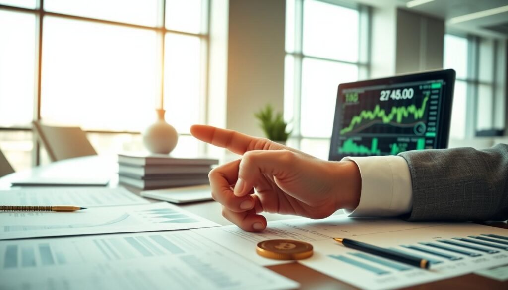 A detailed close-up of a business meeting table cluttered with charts and graphs showcasing soaring return rates, symbolizing high returns in cryptocurrency investments. In the foreground, a pair of hands, dressed in professional business attire, point to a graph with an upward trend, emphasizing potential profits. In the middle ground, elegantly stacked documents and a laptop display real-time crypto prices, creating a sense of urgency and excitement. The background features a sleek office environment with large windows, letting in bright, natural light, casting soft shadows and creating an optimistic atmosphere. The overall mood is one of intrigue and caution, with color tones leaning towards green to symbolize wealth and success, underscoring the deceptive allure of high returns and low risk.