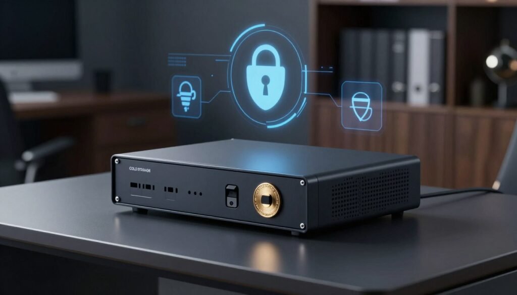 A detailed close-up of a high-tech crypto cold storage device displayed on a sleek, modern tabletop. In the foreground, showcase the device illuminated under a soft, focused light to emphasize its secure features, such as fingerprint scanners and security seals. In the middle, include security icons or symbols subtly integrated into the background, representing encryption and digital safety, rendered in a futuristic style. The background should feature a blurred, secure office environment with dark wood tones and metallic accents, creating an atmosphere of professionalism and trust. Use low-key lighting to evoke a sense of security and exclusivity, with a slight depth of field to draw attention to the device itself. A detailed close-up of a high-tech crypto cold storage device displayed on a sleek, modern tabletop. In the foreground, showcase the device illuminated under a soft, focused light to emphasize its secure features, such as fingerprint scanners and security seals. In the middle, include security icons or symbols subtly integrated into the background, representing encryption and digital safety, rendered in a futuristic style. The background should feature a blurred, secure office environment with dark wood tones and metallic accents, creating an atmosphere of professionalism and trust. Use low-key lighting to evoke a sense of security and exclusivity, with a slight depth of field to draw attention to the device itself.