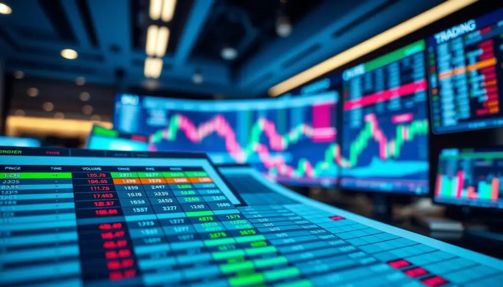 A detailed day trading order book interface, vividly capturing the dynamic of buy and sell orders. In the foreground, a sleek digital order book interface with columns for price, volume, and time, highlighted in green and red to signify buy and sell orders. The middle ground displays a bullish and bearish market trend chart, rendered with vibrant colors and sharp lines. In the background, a well-lit modern trading environment with multiple screens displaying market data, reflecting a focused atmosphere. Soft blue and white lighting creates a professional ambiance, while a shallow depth of field emphasizes the order book in the foreground. The overall mood is one of urgency and precision, illustrating the essence of day trading strategies.