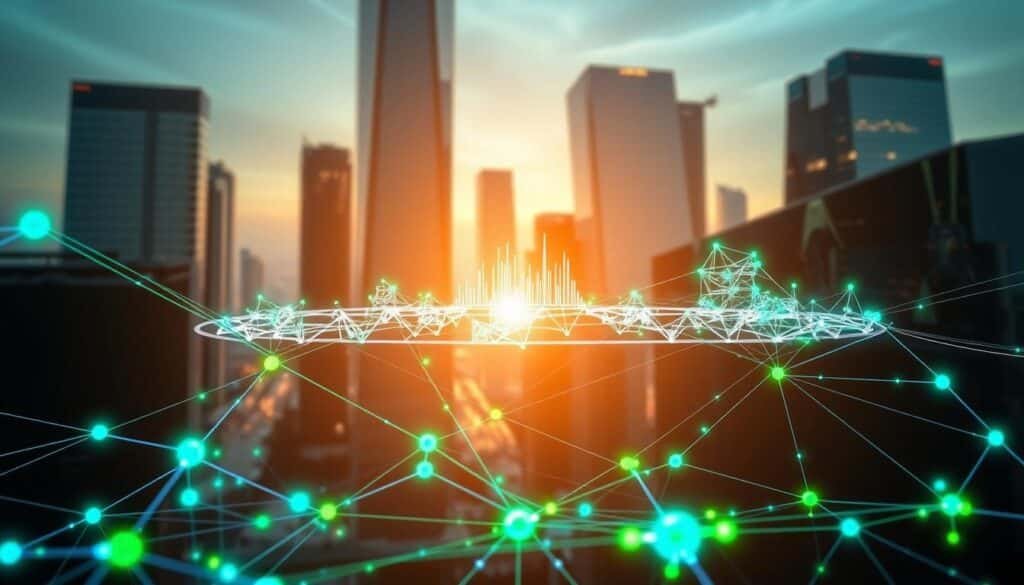 A detailed digital artwork illustrating the concept of a sidechain blockchain. In the foreground, depict a vibrant network of interconnected nodes and chains, showcasing how sidechains operate parallel to a main blockchain, highlighted with glowing lines and nodes in blue and green hues. In the middle ground, a semi-transparent layer emphasizes a main blockchain with solid structures interlinking to the sidechain, accented with digital effects to depict data flow. The background should feature a sleek, modern cityscape with abstract buildings representing the digital ecosystem. Use dramatic lighting to create contrast, with a dynamic angle that instills a sense of depth and complexity. The mood should be innovative and futuristic, inviting curiosity about blockchain technology. No human figures or text elements present. A detailed digital artwork illustrating the concept of a sidechain blockchain. In the foreground, depict a vibrant network of interconnected nodes and chains, showcasing how sidechains operate parallel to a main blockchain, highlighted with glowing lines and nodes in blue and green hues. In the middle ground, a semi-transparent layer emphasizes a main blockchain with solid structures interlinking to the sidechain, accented with digital effects to depict data flow. The background should feature a sleek, modern cityscape with abstract buildings representing the digital ecosystem. Use dramatic lighting to create contrast, with a dynamic angle that instills a sense of depth and complexity. The mood should be innovative and futuristic, inviting curiosity about blockchain technology. No human figures or text elements present.