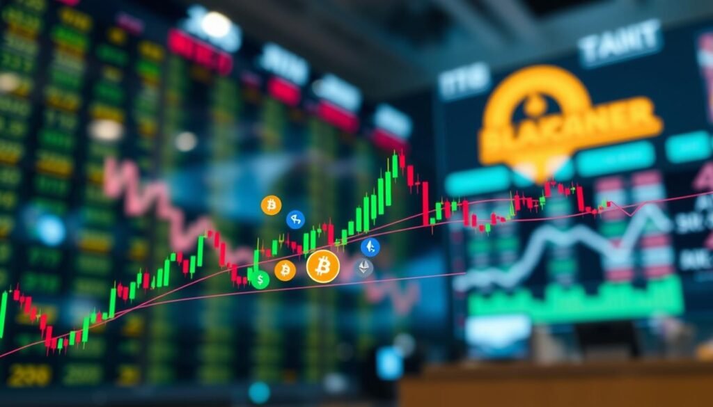 A detailed digital illustration of Bollinger Bands in the context of cryptocurrency trading. In the foreground, prominent Bollinger Bands overlay a dynamic candlestick chart, showcasing various market price movements. The middle layer features colorful cryptocurrency icons, such as Bitcoin and Ethereum, emphasizing their price trends. In the background, a blurred abstract representation of a stock exchange with bright lights and digital screens, suggesting activity and volatility. The lighting is bright and vibrant, creating a sense of energy and urgency. The atmosphere conveys the excitement of trading while highlighting the importance of mean reversion and trend analysis. Capture the intricate details of the bands and chart features, focusing on clarity and professionalism.