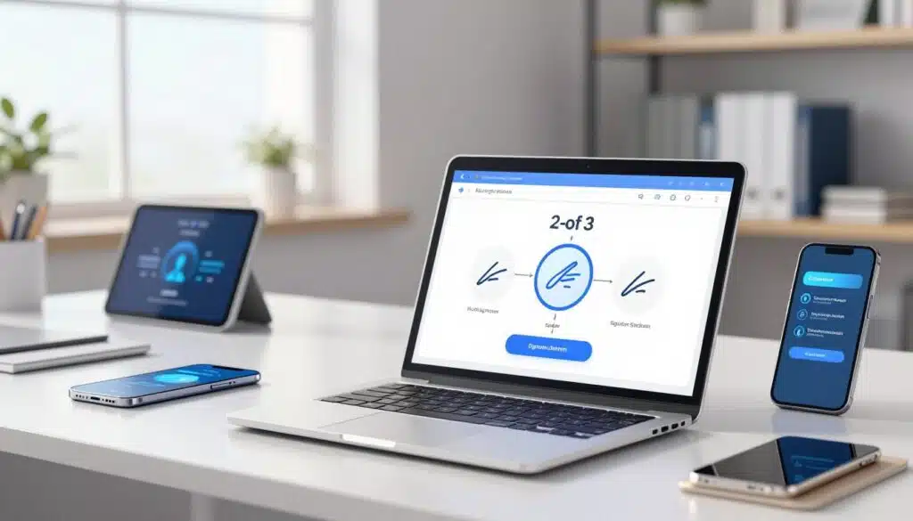A detailed digital illustration of a multisig wallet setup within a modern office environment. In the foreground, display a sleek laptop with a multi-signature application open, showing a graphical representation of a 2-of-3 signature scheme. Surround the laptop with three stylized signature icons representing the different signature requirements. The middle ground features a contemporary desk with digital devices, such as smartphones and a tablet displaying blockchain-related visuals. In the background, softly blurred shelves with tech-related books and a large window that lets in natural light, creating a bright and professional atmosphere. The overall mood should convey innovation and trust in cryptocurrency security practices.