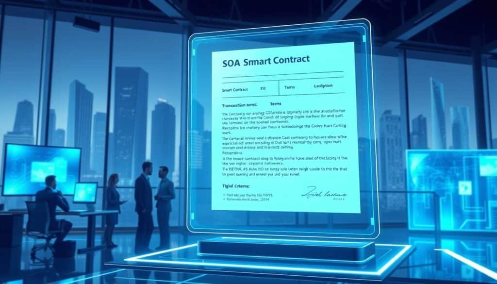 A detailed digital illustration of a smart contract escrow setup, featuring a high-tech, futuristic aesthetic. In the foreground, a holographic display showcases the smart contract with digital signatures and transaction details, emanating a soft blue glow. The middle ground highlights a modern office environment with professionals in business attire discussing terms, surrounded by virtual screens and high-tech gadgets. In the background, a cityscape of tall, sleek buildings symbolizes the digital economy. Soft, ambient lighting adds a sense of innovation and professionalism, creating a mood of collaboration and technological advancement. The angle should be slightly elevated to capture the whole scene, emphasizing the integration of technology and finance.
