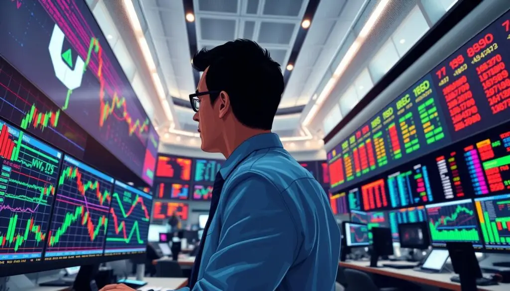 A detailed digital illustration representing "order book imbalances" in the context of financial trading. In the foreground, vibrant candlestick charts and order book graphs display real-time market data, emphasizing support and resistance levels. The middle ground features a stylized trader in professional business attire, intently analyzing data on multiple screens filled with colorful charts and numbers. The background shows a sleek, modern trading floor with large digital displays and a bustling atmosphere, illuminated by soft, ambient lighting that creates a focused yet dynamic mood. Use a wide-angle perspective to capture the relationship between the trader and the data visualizations, conveying the urgency and importance of order book analysis in trading strategies.