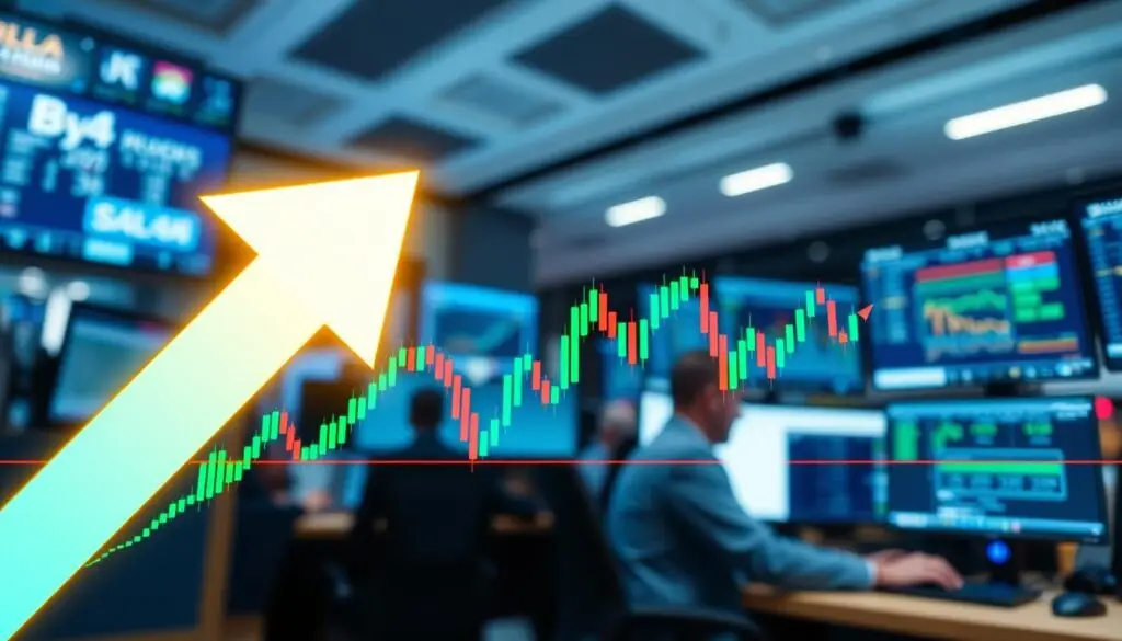 A detailed financial chart depicting a bullish divergence, where the price line shows lower lows while the indicator shows higher lows. In the foreground, a glowing upward arrow emphasizes the bullish trend. The middle ground features a vibrant stock market graph, with green and blue candlesticks representing price movements and an oscillating indicator line illustrating the divergence. In the background, a soft-focus office environment with traders analyzing data on screens, equipped with professional business attire, adds a sense of activity and focus. The lighting is bright and optimistic, conveying a mood of hope and opportunity. The angle is slightly above, capturing both the chart and the engaged traders.