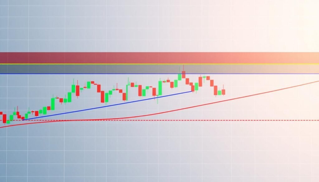 A detailed financial chart prominently featuring Fibonacci retracement levels across a well-defined price trend line. In the foreground, vivid, colorful horizontal lines represent the various Fibonacci levels—23.6%, 38.2%, 50%, 61.8%, and 100%—displayed clearly on the chart. The middle ground shows candlestick patterns indicating market dynamics with upward and downward movements. In the background, a soft gradient representing a financial market environment adds depth, while subtle grid lines provide a structured feel. The lighting is bright yet professional, highlighting the accuracy of the Chart. The atmosphere is analytical and focused, ideal for a trading reference, ensuring no distractions like text or watermarks are included, ultimately creating a clean and instructive image.