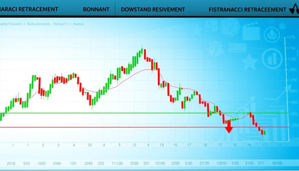 A detailed financial chart showcasing Fibonacci retracement levels applied to both an uptrend and a downtrend in a professional and polished manner. In the foreground, clear lines indicate the retracement levels overlaid on a candlestick chart, highlighting specific price points with gradient colors from deep green to bright red. In the middle ground, a realistic depiction of a clean, digital trading screen with detailed axis labels and grid lines, showcasing two distinct price movements—one ascending and one descending. The background features a subtle abstract design of stock market elements, with a cool, analytical blue hue that enhances the focus on the chart. The lighting is bright and evenly distributed, creating a sense of clarity and professionalism, evoking a serious mood for market analysis.