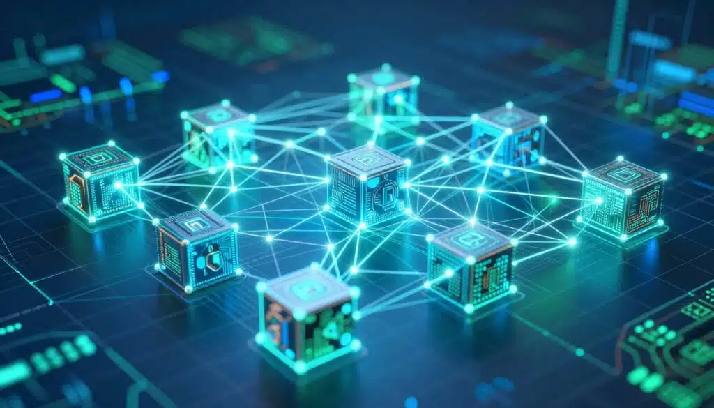 A detailed, futuristic blockchain network depicted as a complex, interconnected web of glowing nodes and lines, symbolizing data flow and connectivity. In the foreground, a 3D representation of blocks, each intricately designed, reflects the essence of a decentralized database. The middle layer showcases a network of luminous, pulsating lines connecting the blocks, illustrating the transfer of information across nodes. In the background, a digital grid softly illuminated by blue and green light, creating a high-tech atmosphere. Soft shadows and highlights enhance the depth, with a cool color palette embodying innovation and technology. A wide-angle view captures the entire scene, instilling a sense of scale and sophistication. The mood is vibrant yet professional, conveying the transformative power of blockchain technology.