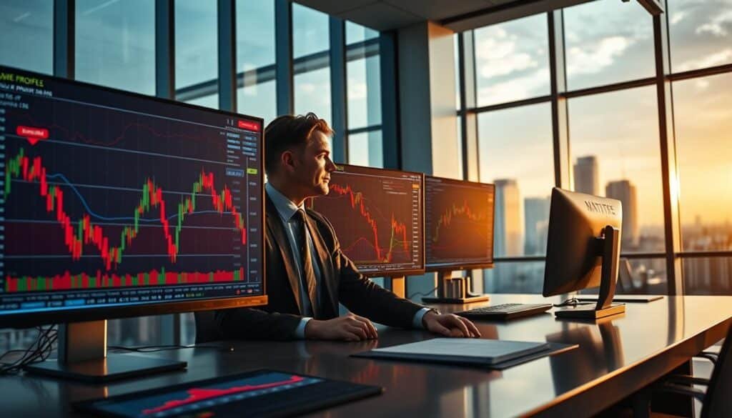 A detailed, high-resolution image of a volume profile trading strategy, set in a modern trading office environment. In the foreground, a sleek digital trading desk displays a large monitor showing vibrant graphs and charts, emphasizing volume profiles with clear, distinct peaks and troughs. In the middle ground, a professional trader in a business suit analyzes the data intently, surrounded by various trading screens depicting market fluctuations. The background features large windows with a skyline view, letting in natural light that enhances the analytical atmosphere. The overall mood should convey focus and determination, with soft, dynamic lighting illuminating the trader’s expressions as they strategize for optimal trades.