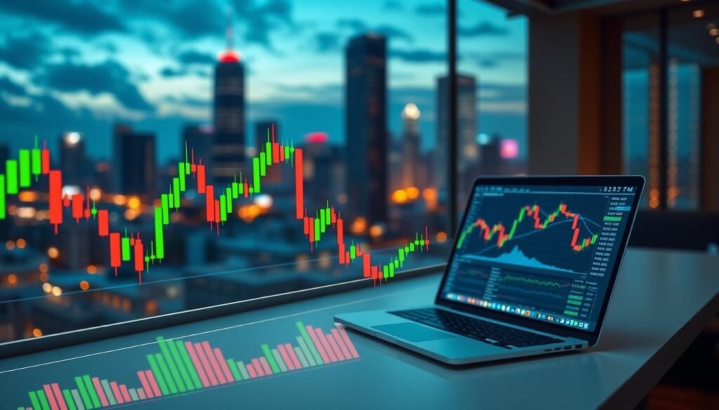 A detailed, high-resolution image of various candlestick patterns used in cryptocurrency trading. In the foreground, vividly illustrated candlestick charts with bullish and bearish patterns, showcasing colors like green for upward movements and red for downward trends. In the middle ground, a sleek modern trading desk with a laptop displaying real-time crypto prices and analytical tools. The background should feature a soft-focus view of a bustling cityscape at dusk, highlighting a vibrant tech atmosphere. The overall lighting should be soft and ambient, with a slight glow on the charts to emphasize their significance. Aim for a professional and educational mood that reflects the analytical essence of trading in cryptocurrency markets.