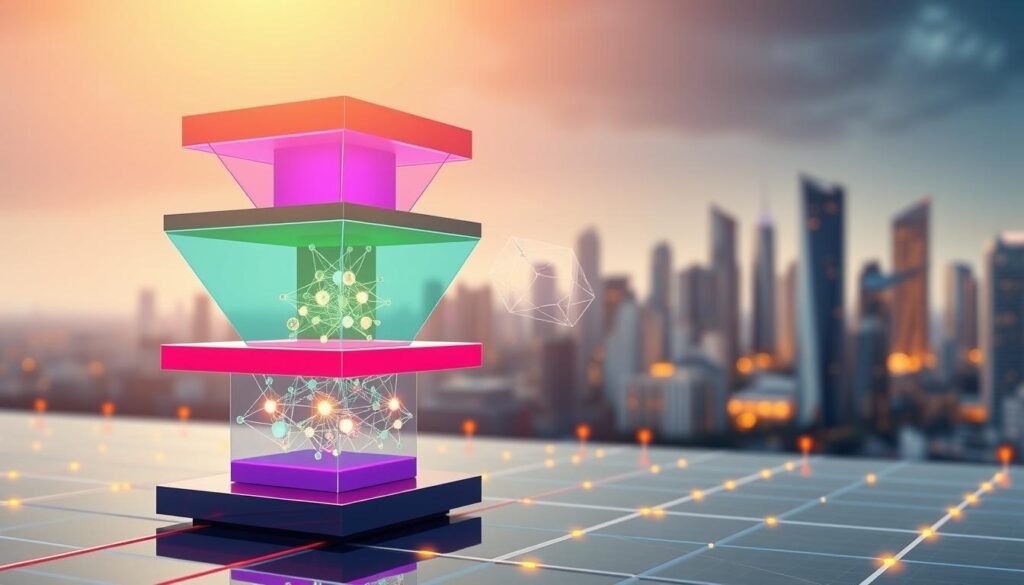 A detailed illustration of a blockchain architecture representing the Polygon Matic Network. In the foreground, sleek, layered blocks symbolize different elements of the network, with vibrant colors highlighting scalability, security, and interoperability. The middle layer features interconnected nodes glowing softly, showcasing the consensus mechanism in action, while arrows indicate data flow and connectivity. The background displays a futuristic city skyline, subtly blending into a digital network grid, suggesting the expansive reach of the Polygon ecosystem. The lighting is bright and warm, casting a productive atmosphere. The angle is slightly elevated, capturing all layers in a captivating perspective, emphasizing depth and complexity without any text or annotations.