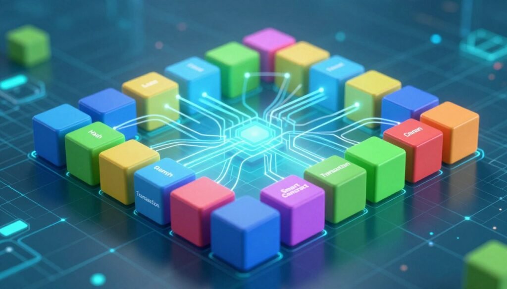 A detailed illustration of a core block structure within a blockchain network, showcasing interconnected blocks with vibrant colors. In the foreground, multiple 3D blocks are arranged in a dynamic yet organized pattern, each block labeled with different functions like "Transaction," "Hash," and "Smart Contract." The middle ground features a translucent layer highlighting data flow between the blocks, represented by flowing lines of light. The background features a digital matrix or grid, evoking a sense of depth and technology, with soft blue and green lighting casting an ethereal glow over the entire scene. The mood is futuristic and professional, ideal for an educational context, captured from a slightly elevated angle to enhance spatial awareness.