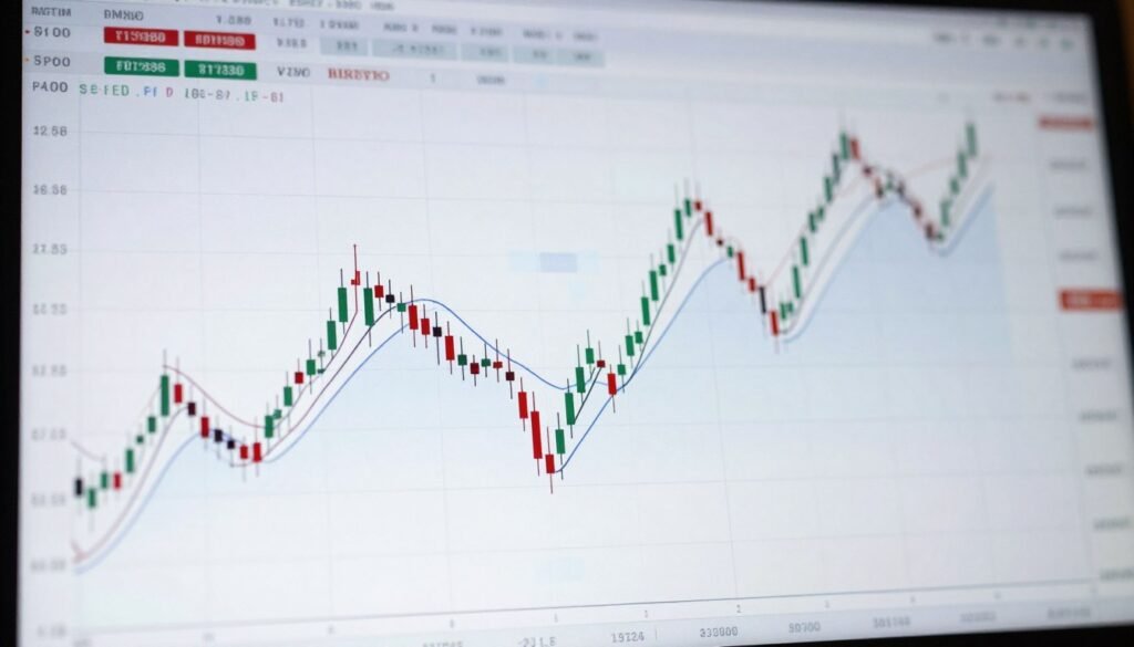A detailed illustration of a crypto trading chart featuring Bollinger Bands prominently placed in the foreground. The chart displays various candlestick formations with the Bollinger Bands clearly defined by two outer lines encasing the price movement's volatility and a middle SMA line. In the middle ground, a subtle grid overlays the chart to emphasize the technical analysis context. The background is softly blurred, suggesting a digital trading interface with faint hints of cryptocurrency symbols. The lighting is bright and focused, highlighting the chart and creating an engaging, professional atmosphere. The overall mood is analytical and strategic, reflecting a sense of precision in crypto trading analysis. No text or overlay elements in the image. A detailed illustration of a crypto trading chart featuring Bollinger Bands prominently placed in the foreground. The chart displays various candlestick formations with the Bollinger Bands clearly defined by two outer lines encasing the price movement's volatility and a middle SMA line. In the middle ground, a subtle grid overlays the chart to emphasize the technical analysis context. The background is softly blurred, suggesting a digital trading interface with faint hints of cryptocurrency symbols. The lighting is bright and focused, highlighting the chart and creating an engaging, professional atmosphere. The overall mood is analytical and strategic, reflecting a sense of precision in crypto trading analysis. No text or overlay elements in the image.