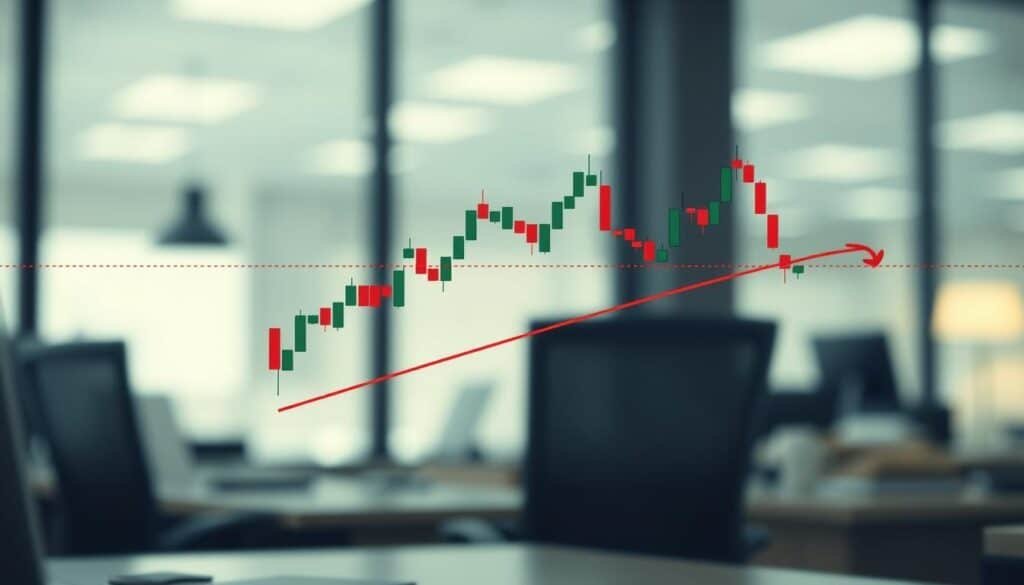 A detailed illustration of a financial chart depicting a "double bottom" reversal pattern in a bullish trading strategy. In the foreground, showcase the two distinct low points (the double bottom) with clear support levels marked, creating a strong visual focal point. The middle ground features candlestick patterns illustrating price movements leading to these bottoms, with upward trending lines indicating potential buy signals. The background should include a blurred office environment, hinting at a professional trading atmosphere with soft, ambient lighting. Use a dynamic angle to evoke a sense of movement and optimism, emphasizing the potential for market recovery. The mood should convey professionalism and opportunity, appealing to traders and investors observing the chart.
