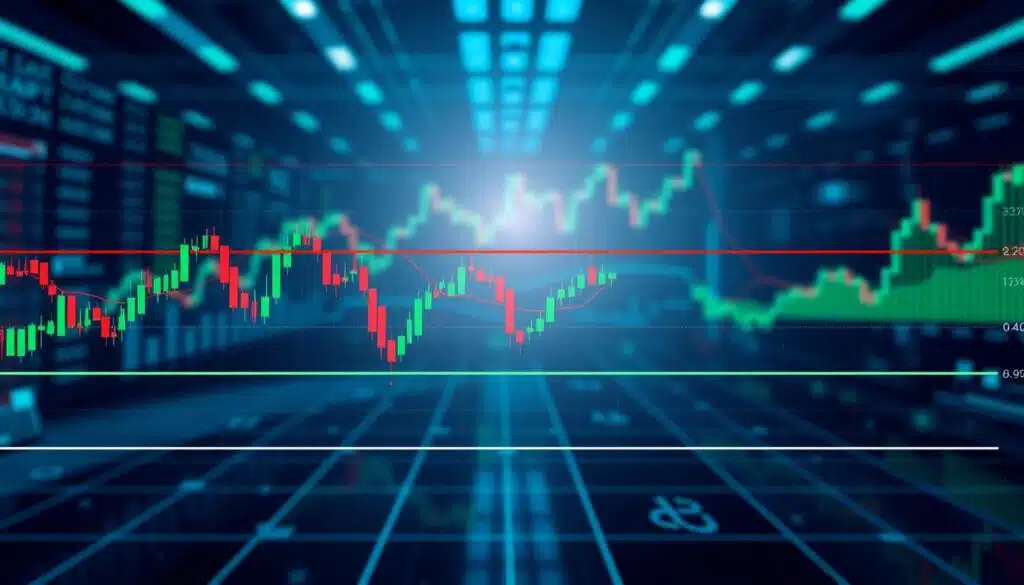 A detailed illustration of a financial market chart featuring clear support and resistance levels. In the foreground, a modern digital trading interface shows candlestick patterns with highlighted resistance lines at the top and support lines at the bottom. The middle section contains numerical indicators and trend lines overlaying the chart, enhancing the technical aspect. In the background, a subtle abstract representation of a trading floor with graphs and data flowing in a sleek digital format, bathed in cool blue and green tones. The atmosphere feels professional and analytical, evoking a sense of strategic planning and market analysis. The lighting is bright and focused on the chart, with a slight gradient effect to emphasize the importance of the support and resistance levels.