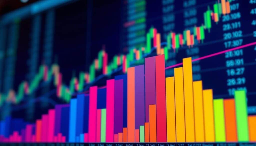 A detailed illustration of a volume profile analysis for trading, featuring a vibrant, multi-layered graph prominently in the foreground, displaying various bars representing traded volume at different price levels. In the middle ground, overlay subtle candlestick patterns showcasing price movement, interspersed with trend lines indicating key support and resistance levels. The background is a blurred trading platform interface filled with data streams, enhancing the overall trading ambiance. Soft blue and green lighting casts a professional glow over the scene, suggesting focus and analysis. The composition should evoke a sense of clarity and insight, appealing to traders seeking to understand core components of volume profile analysis. No text or labels should be included.