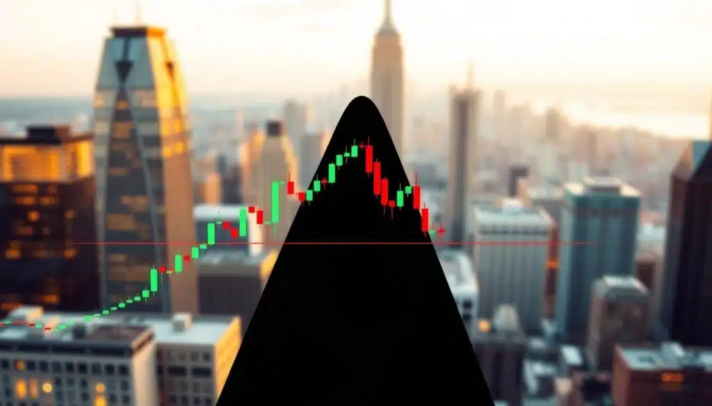 A detailed illustration of an "inverse head and shoulders" chart pattern prominently displayed in the foreground, with three distinct peaks representing the left shoulder, head, and right shoulder forming a bullish reversal setup. The middle section should feature candlestick indicators in vibrant colors, showing bullish movements. In the background, a blurry financial district skyline signifies the broader market context, bathed in warm golden lighting to evoke optimism. The angle of the view should capture a slight upward perspective, highlighting the potential for price increase. The mood is professional and hopeful, appealing to investors. No text or any other distracting elements should be present in the image.