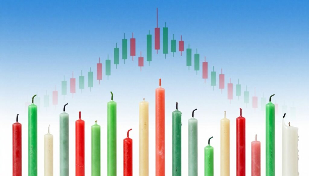 A detailed illustration of candlestick anatomy, showing a variety of candlesticks arranged in a clear, educational manner. The foreground features different candlestick types, highlighting their elements: the body, wicks, open, high, low, and close (OHLC) data. Each candlestick should have distinct colors to indicate bullish (green) and bearish (red) trends. In the middle layer, incorporate a soft gradient background in shades of blue to represent a calm trading environment. The lighting should be bright and diffuse, emphasizing the textures of the candlesticks. The perspective should be slightly elevated for a comprehensive view, creating an informative and engaging mood suitable for educational purposes. The image must be clean with no text or logos present.