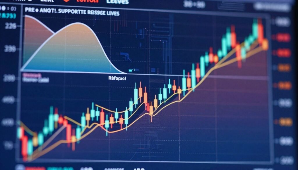 A detailed illustration of support and resistance levels in a cryptocurrency market analysis, featuring a stylized chart overlay on a vibrant, digital background. In the foreground, a sophisticated candlestick chart displays clear support and resistance lines marked in contrasting colors. The middle layer includes Fibonacci retracement levels delicately woven into the chart, highlighted with soft gradients to enhance visibility. The background consists of abstract digital elements like circuit patterns and cryptocurrency symbols, creating a high-tech atmosphere. The lighting is dynamic, with a soft glow illuminating the chart, emphasizing its importance in analysis. The composition aims for a professional, insightful feel perfect for educational content on crypto trading strategies.
