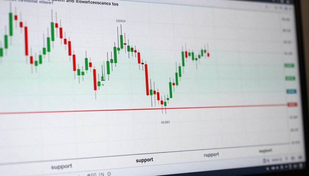 A detailed illustration of support and resistance zones in a cryptocurrency trading chart. In the foreground, a prominent line graph depicts price movements, with clear and distinct horizontal lines marking the support (beneath) and resistance (above) levels. The middle section features candlestick patterns, indicating fluctuations in price with vivid green (bullish) and red (bearish) candles. In the background, a subtle grid overlay suggests a digital trading environment, enhancing the technical analysis feel. The lighting should be bright and clear, reminiscent of a well-lit office space, with a slight focus effect to convey depth. The overall mood is professional and informative, suitable for illustrative purposes in a technical guide context.