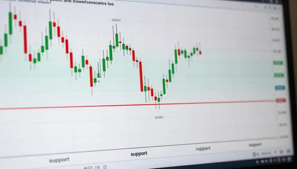 A detailed illustration of support and resistance zones in a cryptocurrency trading chart. In the foreground, a prominent line graph depicts price movements, with clear and distinct horizontal lines marking the support (beneath) and resistance (above) levels. The middle section features candlestick patterns, indicating fluctuations in price with vivid green (bullish) and red (bearish) candles. In the background, a subtle grid overlay suggests a digital trading environment, enhancing the technical analysis feel. The lighting should be bright and clear, reminiscent of a well-lit office space, with a slight focus effect to convey depth. The overall mood is professional and informative, suitable for illustrative purposes in a technical guide context.