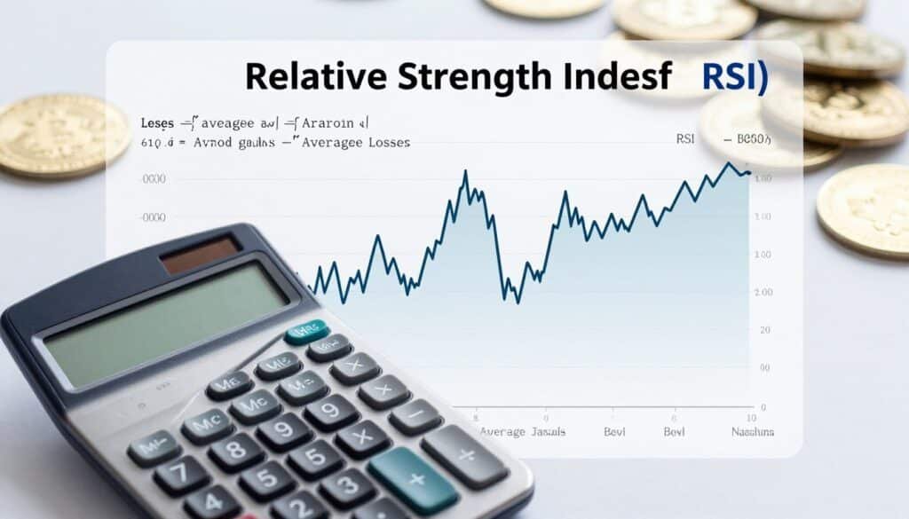 A detailed illustration of the Relative Strength Index (RSI) formula, visually represented with elegant mathematical symbols and graphs. In the foreground, feature a sleek, modern calculator open to a graph displaying average gains and average losses. In the middle, position a dynamic line chart showcasing fluctuating values with clearly marked peaks and troughs. The background should feature a subtle, abstract representation of cryptocurrency coins, symbolizing digital assets. Use soft, balanced lighting to create a professional atmosphere, with a slight blur in the background to draw focus to the foreground elements. Capture the essence of financial analysis with a clean, sophisticated color palette of blues and greens, evoking a sense of trust and precision in the world of crypto trading.
